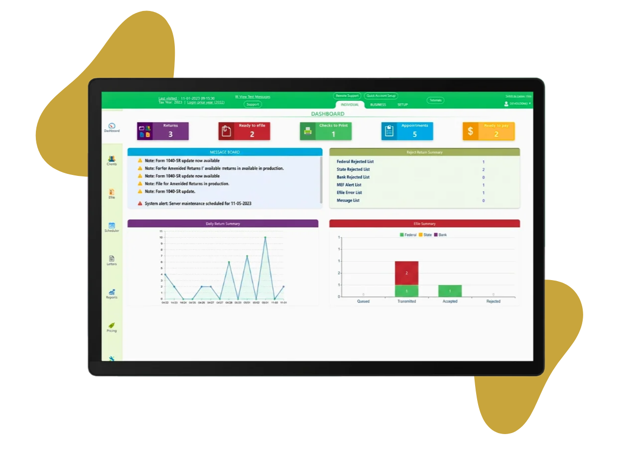 CG6 E-File cloud tax dashboard showing returns, e-file status, and reporting