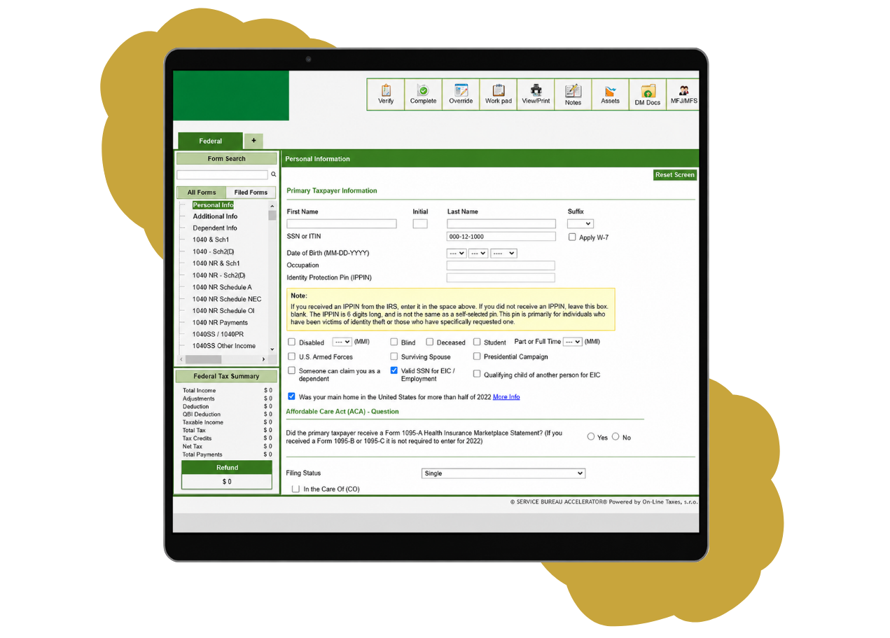 CG6 E-File return preparation screen with client and income entry