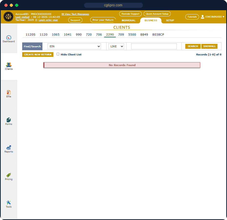 CG6 E-File business module tabs: 1120S, 1120, 1065, 1041, 990, 720, 706, 2290, 709, 5500, 8849