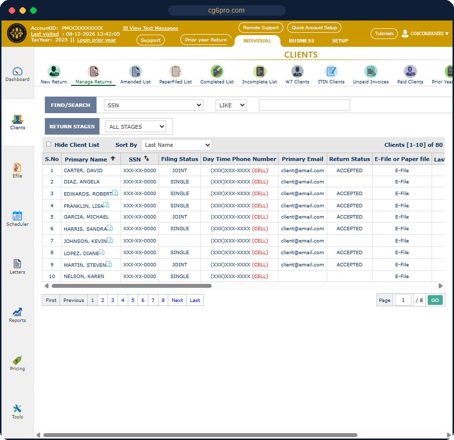 CG6 E-File client manager with return stages, statuses and search