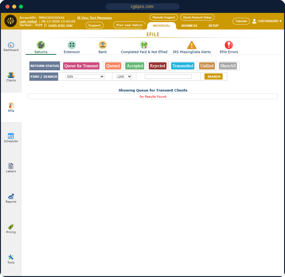 CG6 E-File e-file center with queue, accepted, rejected and IRS missing-data alerts