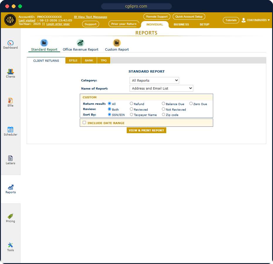 CG6 E-File standard reports builder for client returns, efile and bank