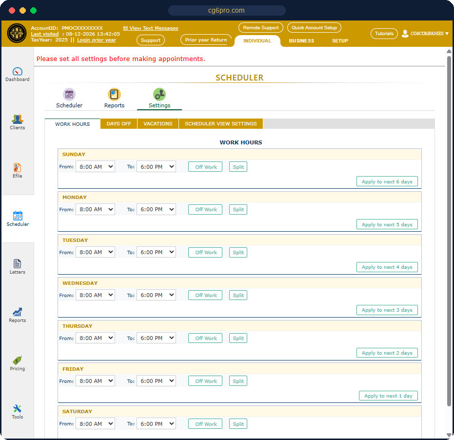 CG6 E-File scheduler with work hours, days off and vacation settings