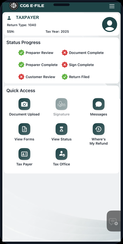 CG6 E-File client mobile app home screen with status progress and quick access