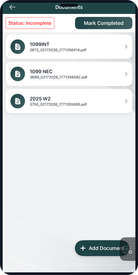 Mobile app document upload: W-2 and 1099 files with mark completed