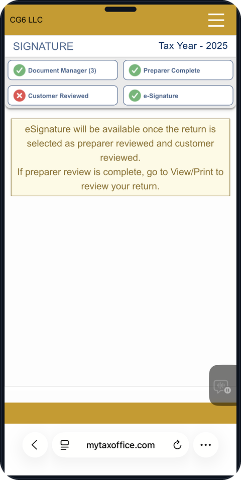Mobile app e-signature screen with document, preparer and signature checkpoints