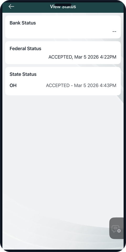 Mobile app view status: federal and Ohio state return accepted